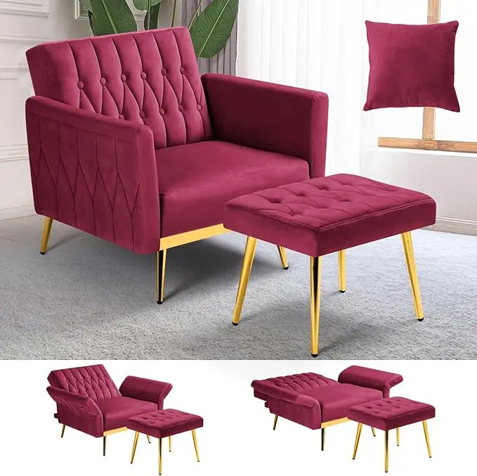Velvet Accent Chair with Adjustable Armrests Tufted Back and Ottoman