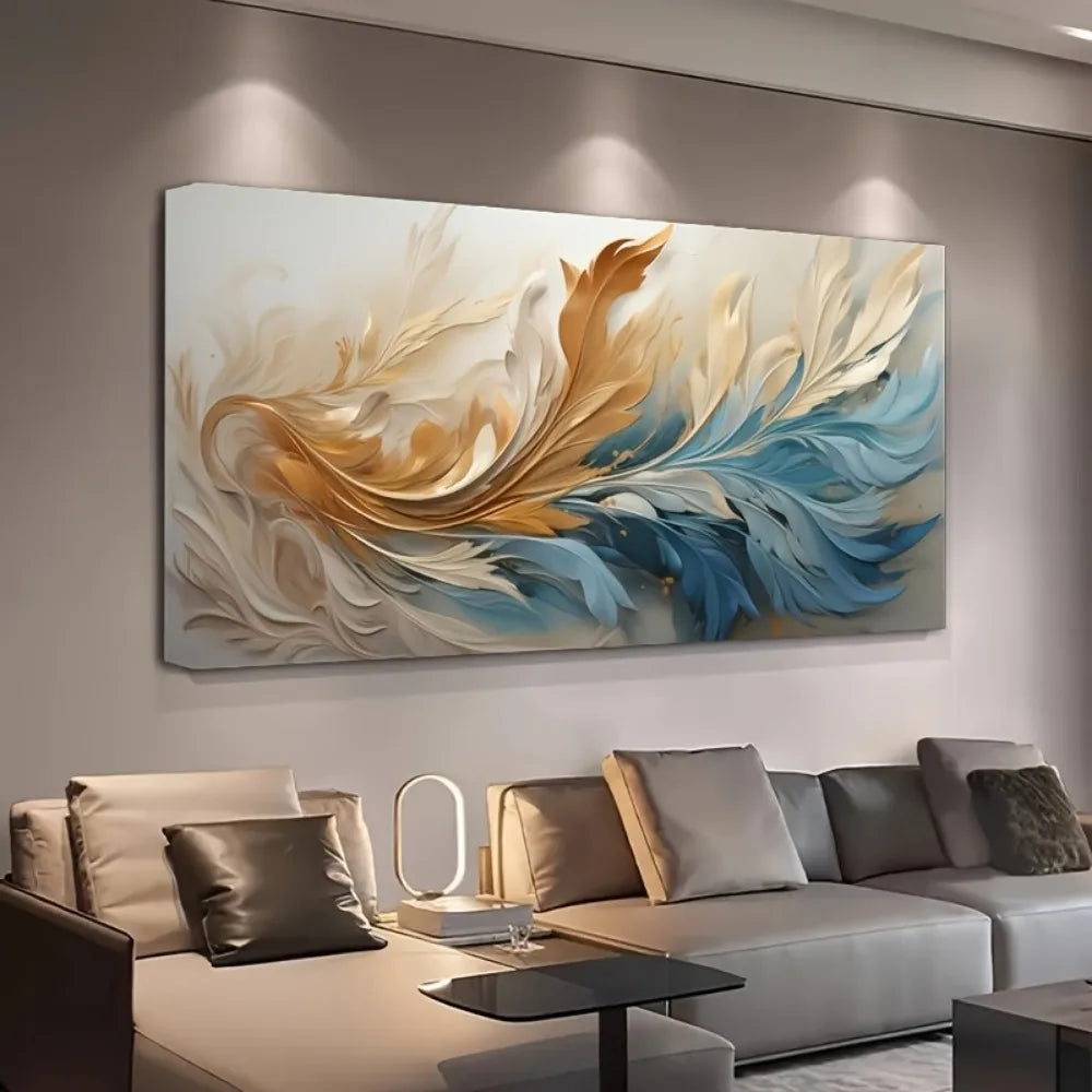 Modern Abstract Gold Feather Canvas Art with Pine Frame for Elegant Decor
