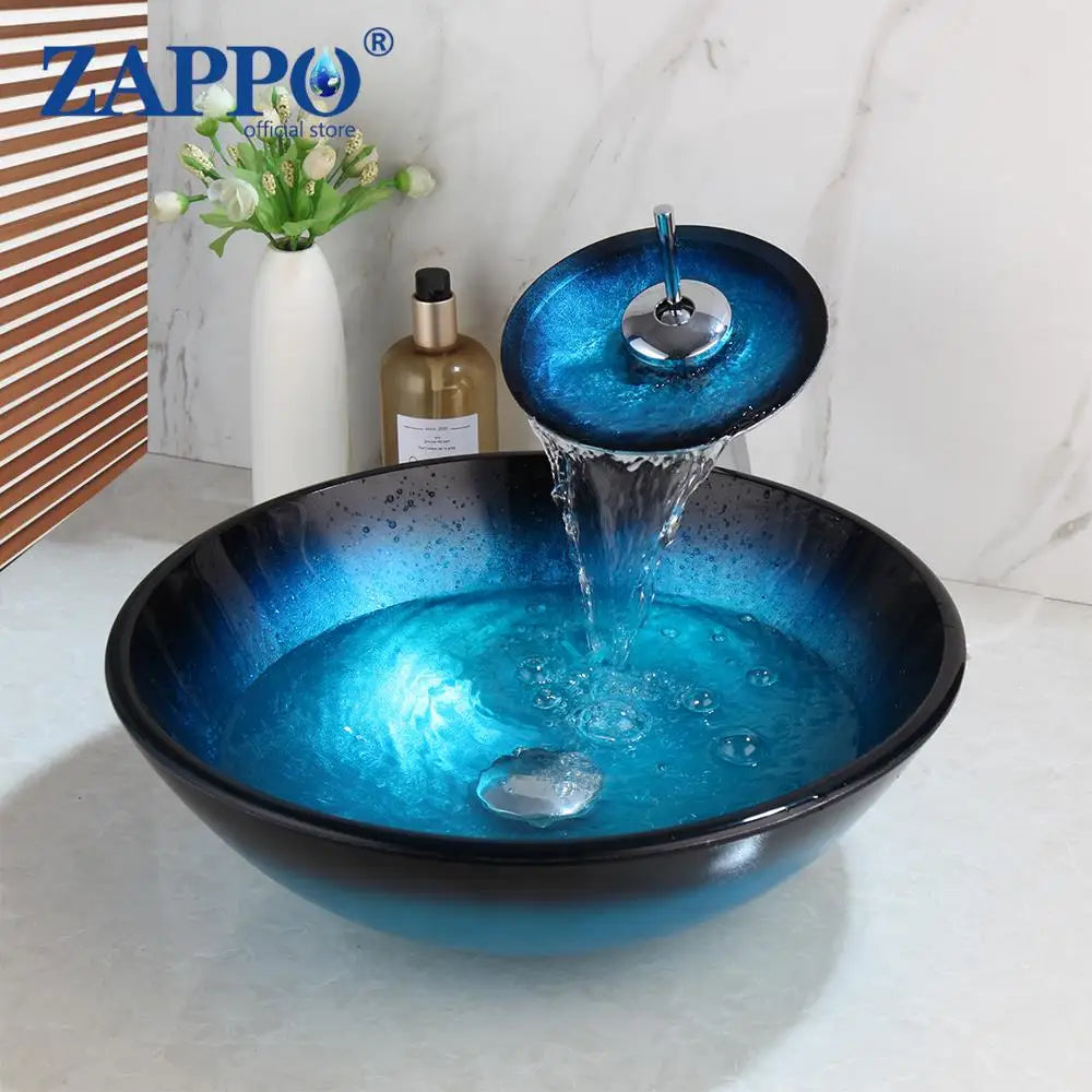 Torayvino Tempered Glass Vessel Sink With Waterfall Faucet