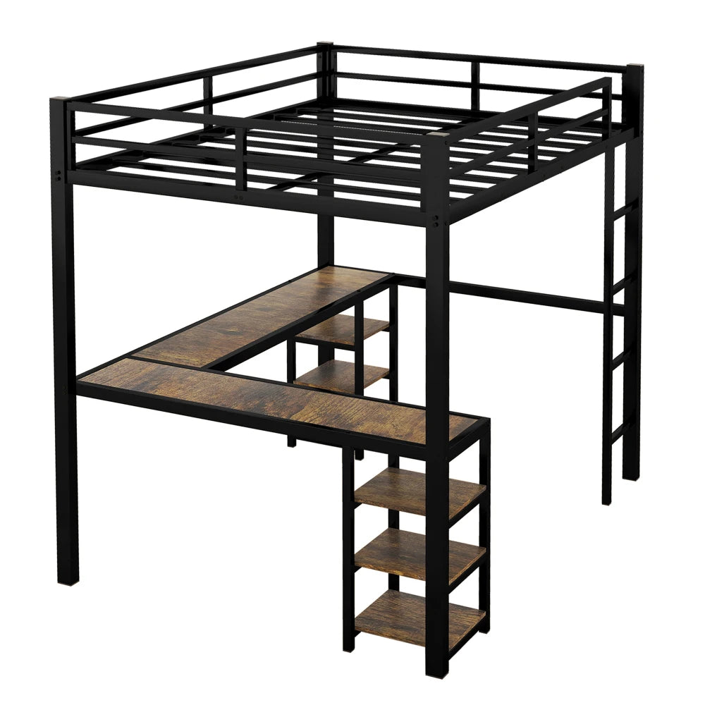 Hign Concerned Metal Loft Bed With Desk And Shelves
