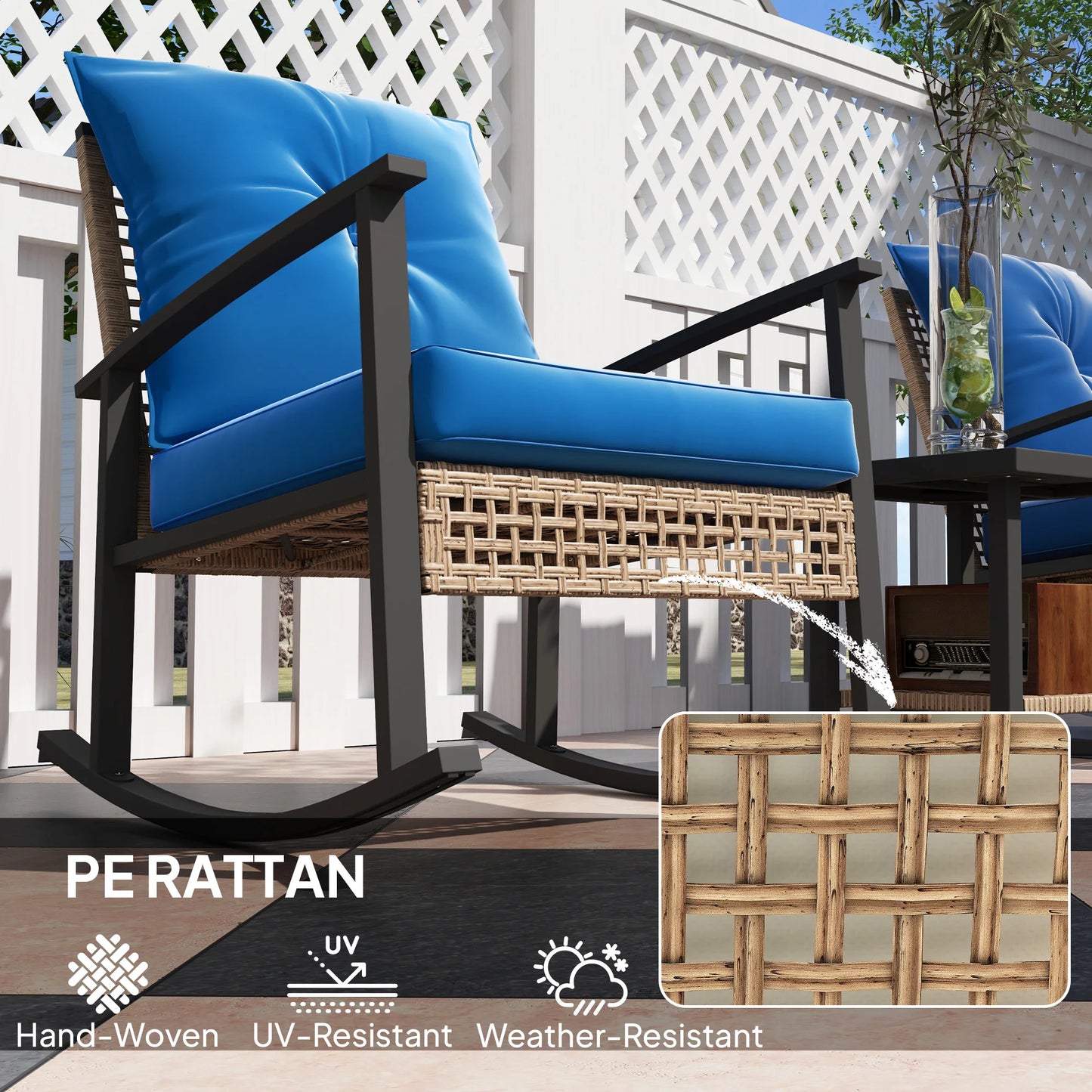 3 Pieces Bistro Set With Rattan Rocking Chairs And Coffee Table
