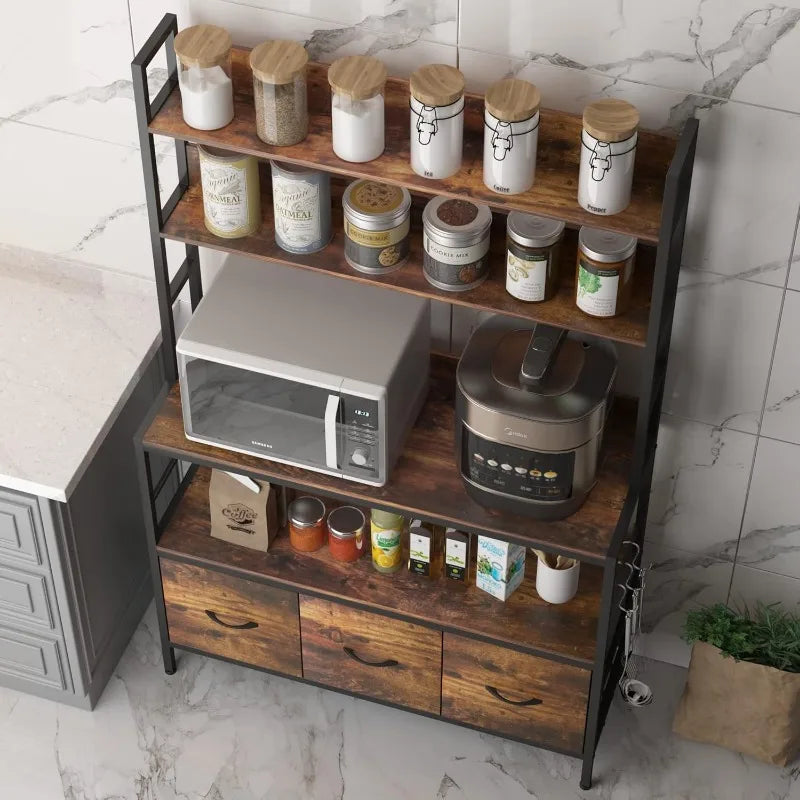 Kitchen Bakers Rack with Baskets 5-Tier Metal Storage Shelf and Microwave Stand