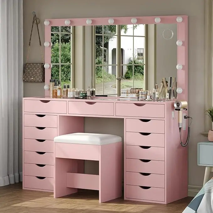Vanity Desk with Mirror and Lights Makeup Table with Charging Station and Drawers