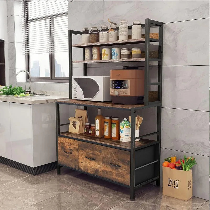 Kitchen Bakers Rack with Baskets 5-Tier Metal Storage Shelf and Microwave Stand
