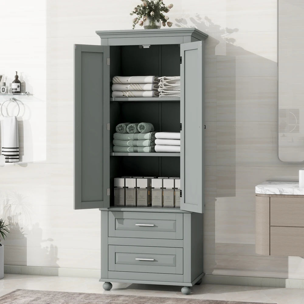 Grey Tall Storage Cabinet With Two Drawers