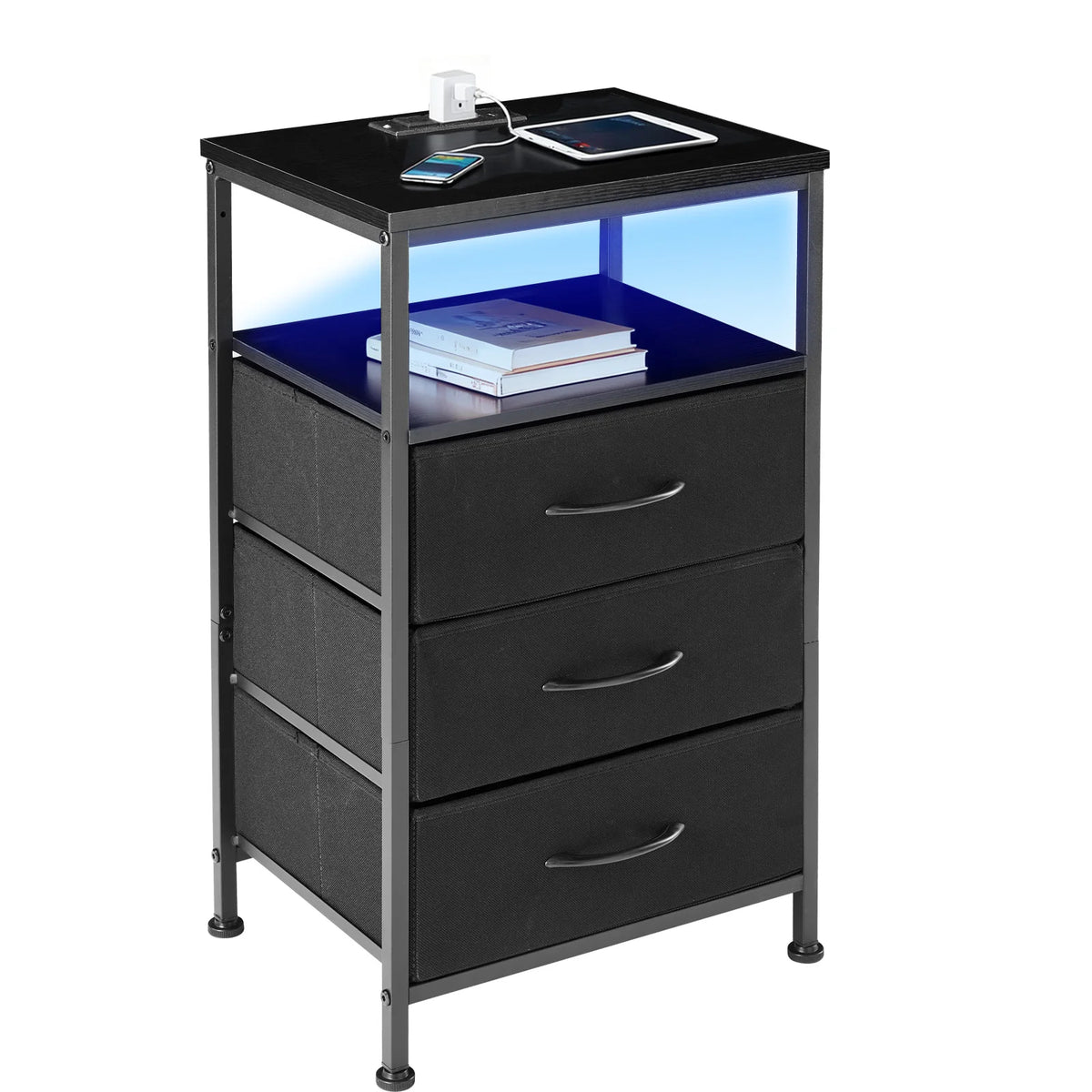 JHK Fabric Drawer Nightstand With Charging Station USB Ports