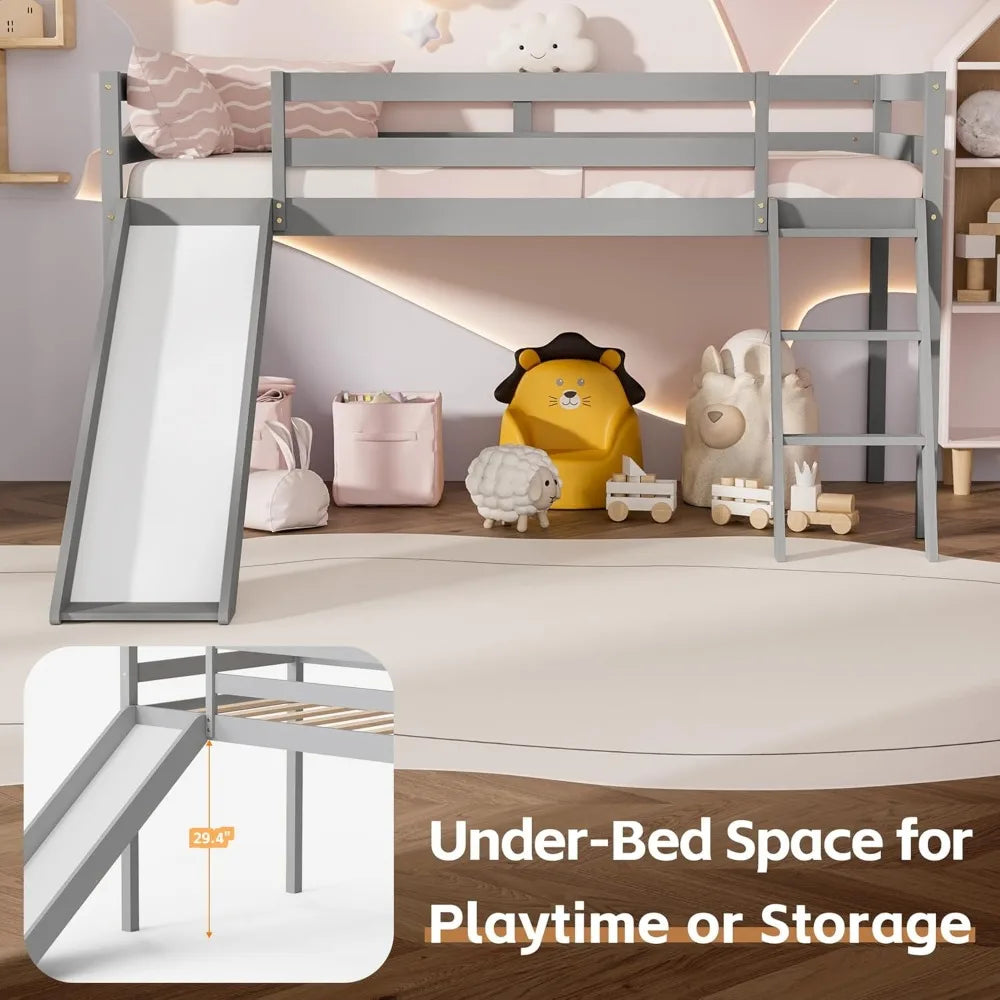 Color Wood Twin Loft Bed With Slide Ladder And Under Storage