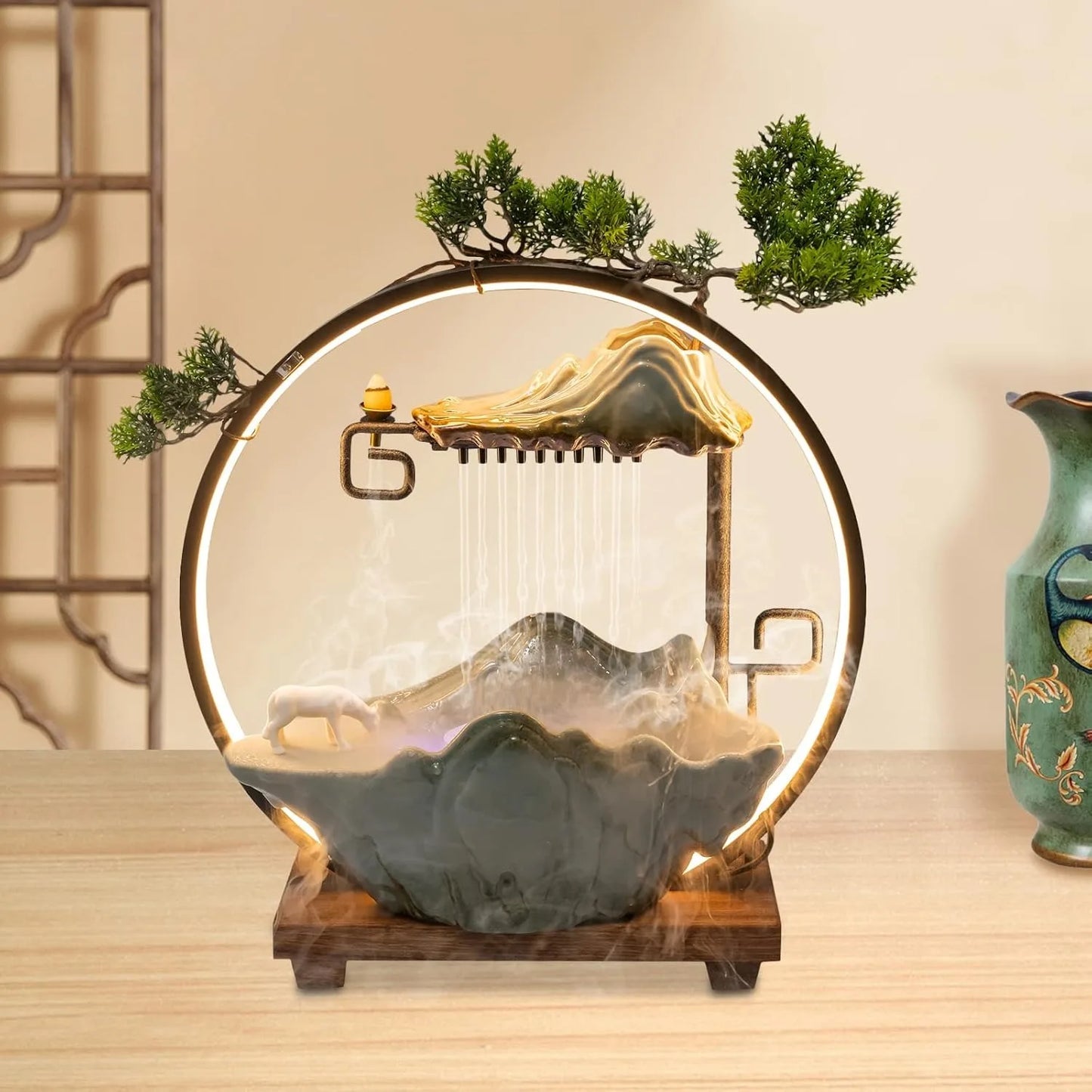 Bymaocar Tabletop Water Fountain With LED Light And Mist