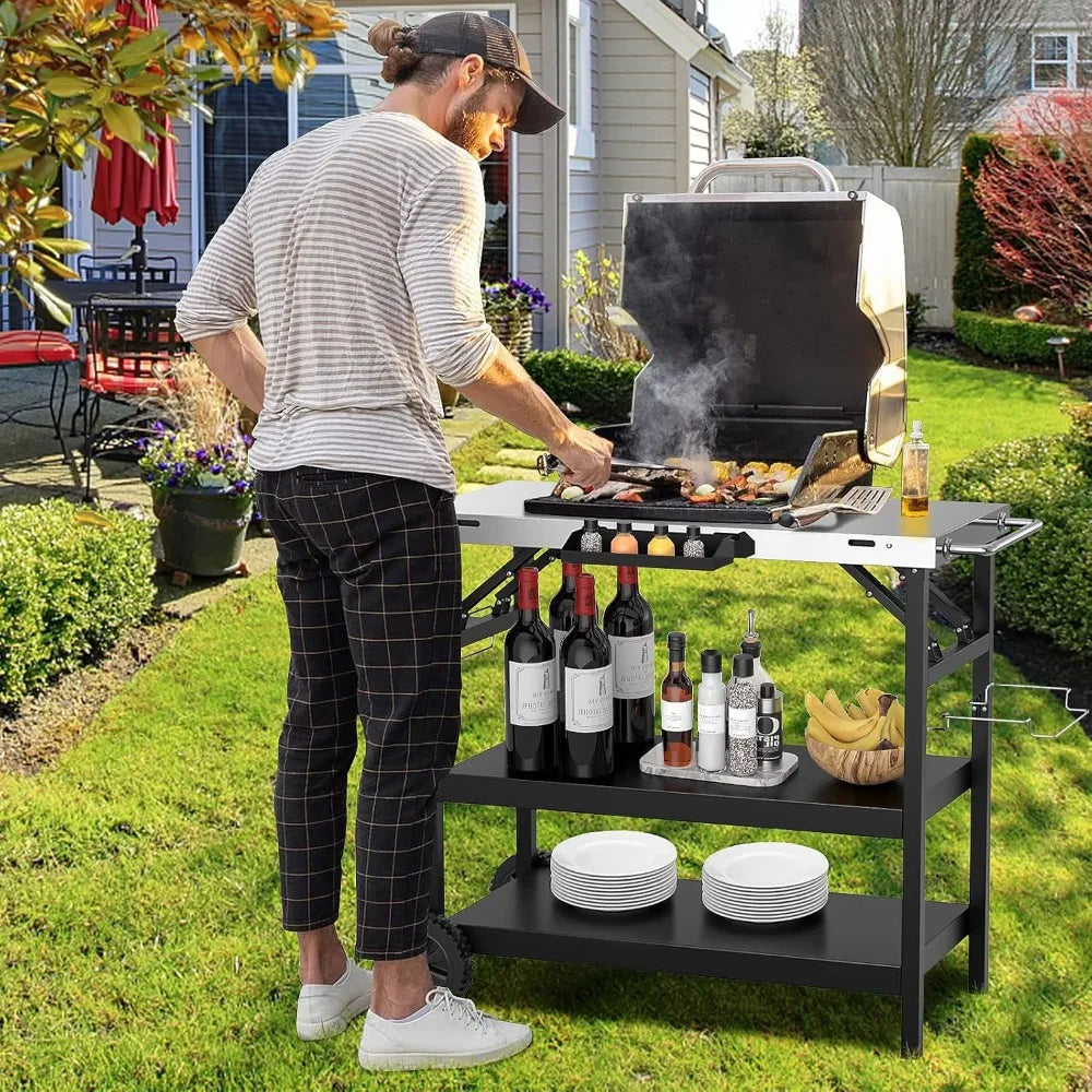 Portable Outdoor Grill Stand With Wheels And Storage Shelves