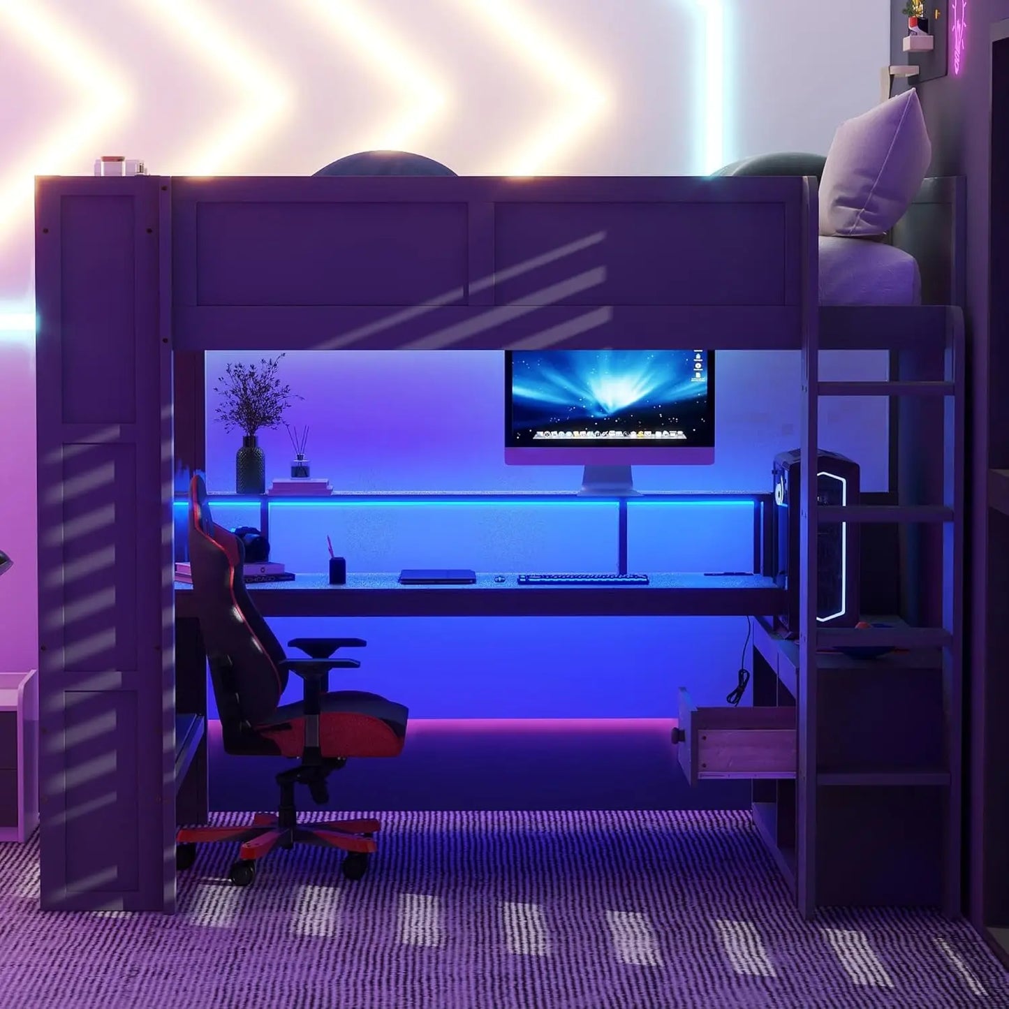 Wood Gaming Loft Bed With Desk Storage LED ChargingStation