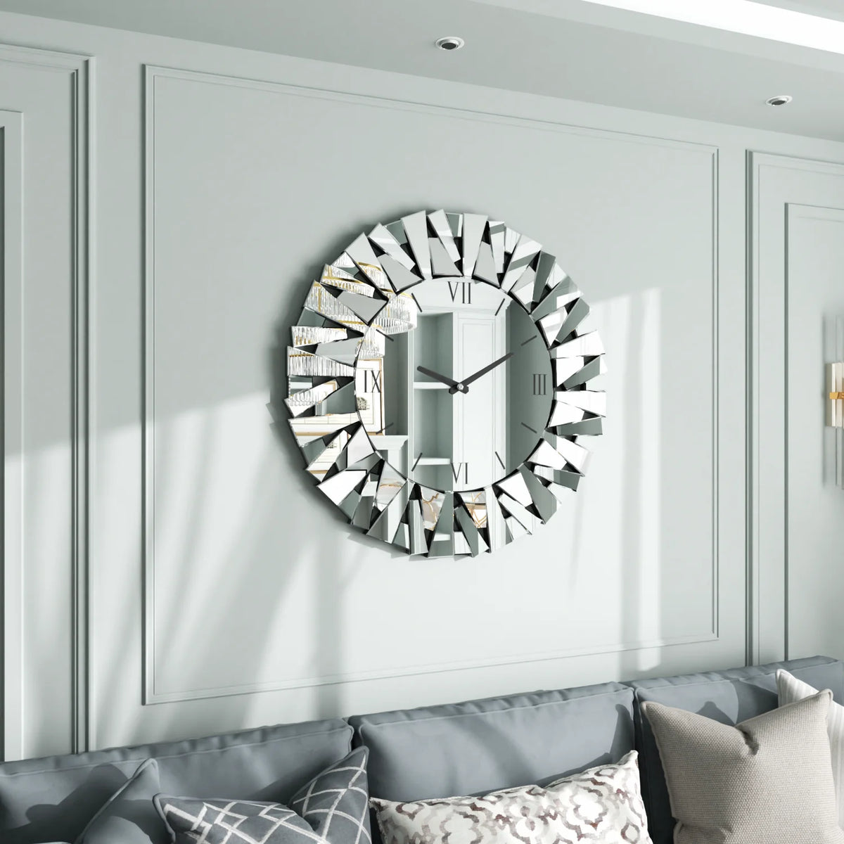 Round Mirrored Wall Clock With Silent Quartz Movement