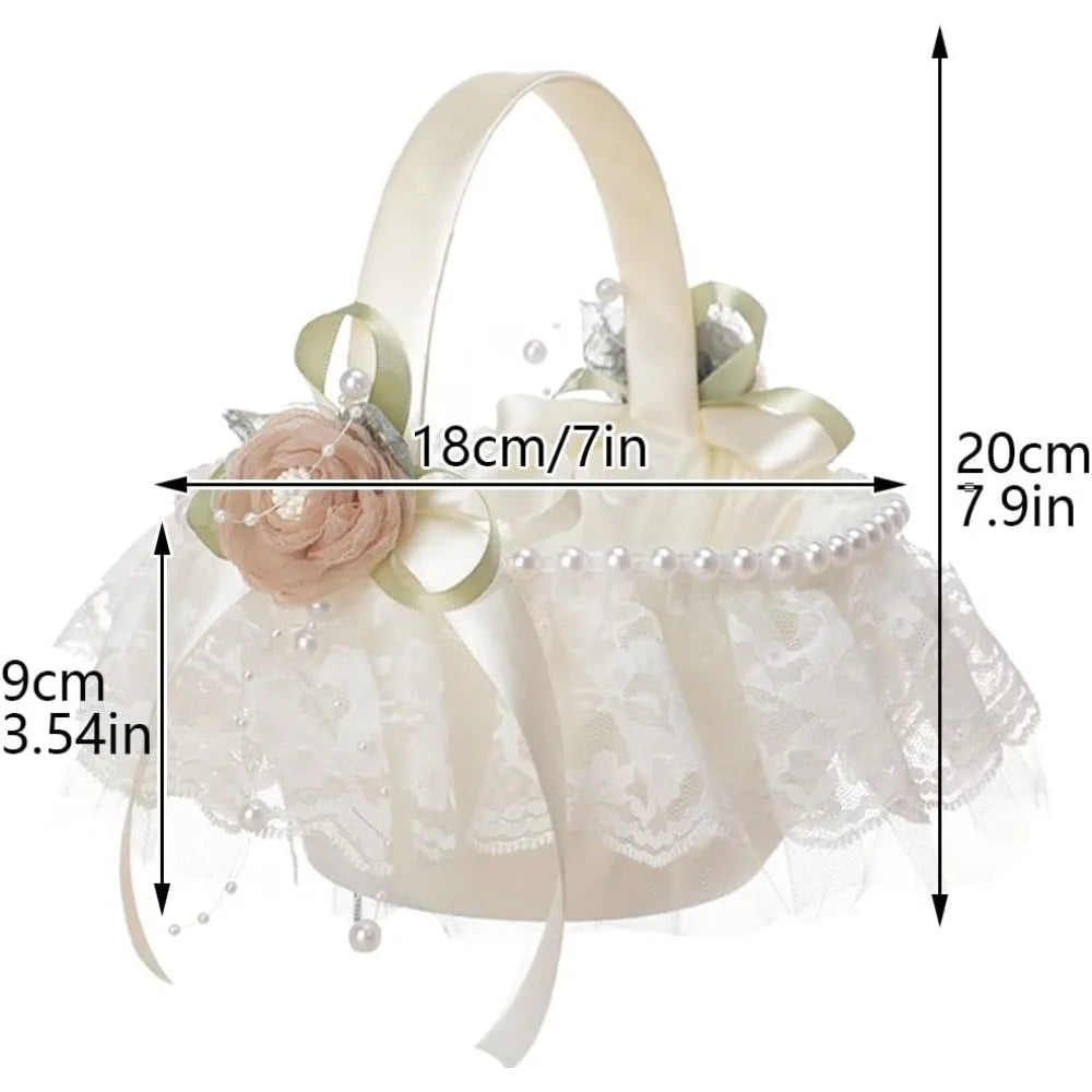 Romantic Wedding Flower Girl Basket With Lace Pearl Decor