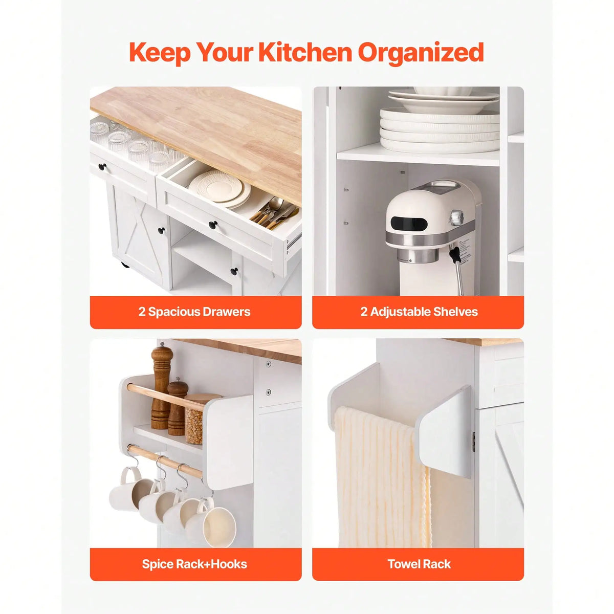 Kitchen Island Cart Featuring Solid Wood Top And Storage