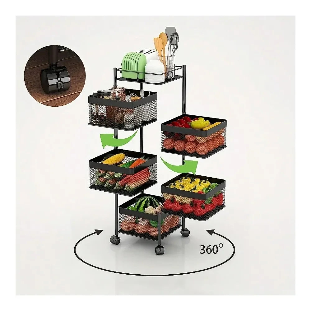 Rotating Kitchen Storage Shelf 5-Tier Metal Fruit Rack