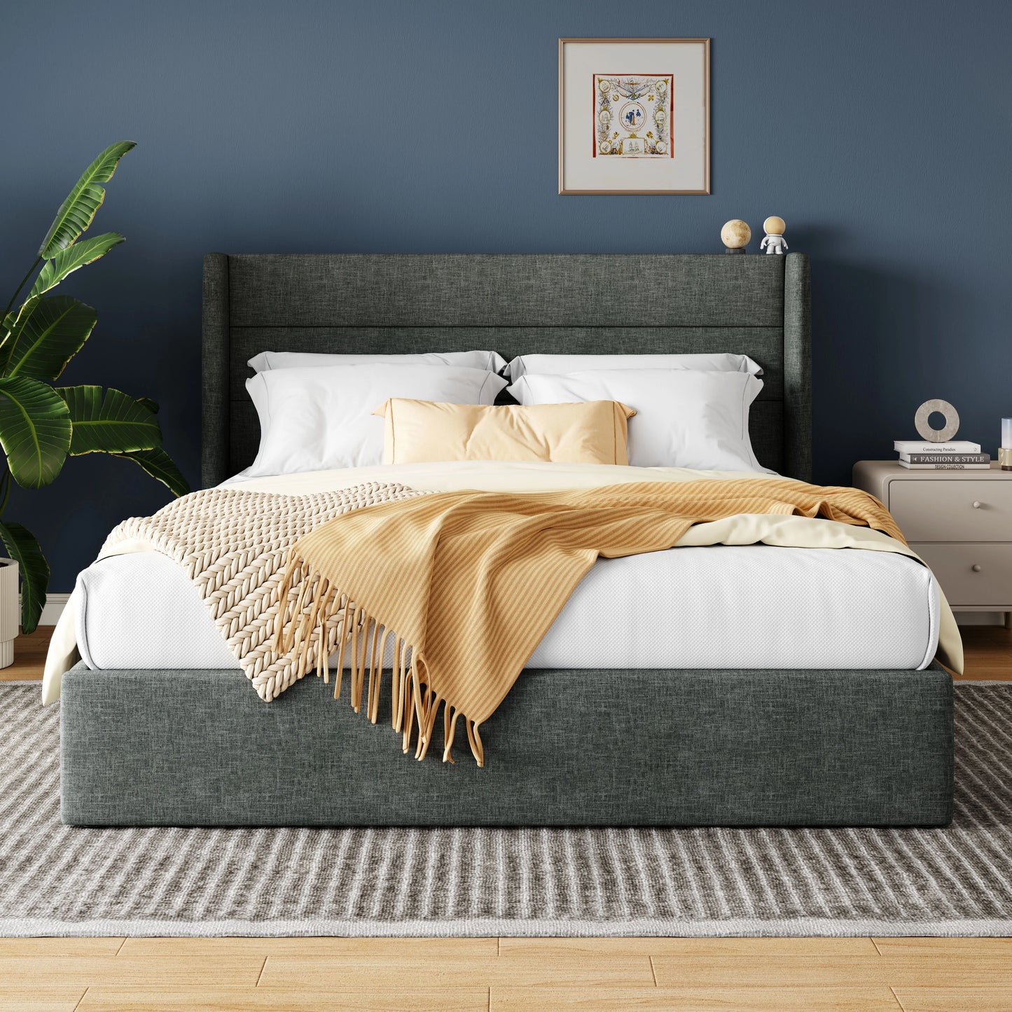 Allewie Hydraulic Lift Up Storage Bed With Wingback Headboard