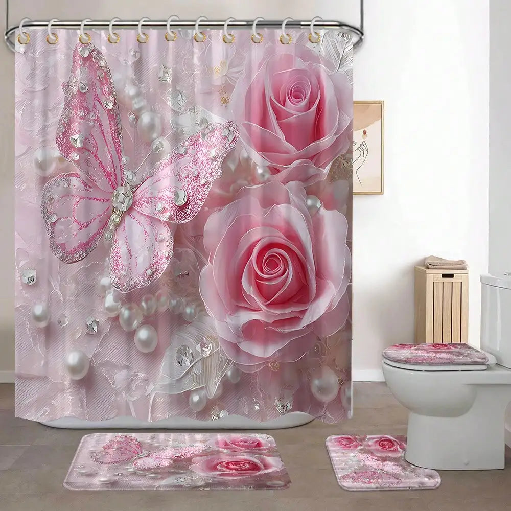 Elegant Butterfly Shower Curtain Bath Mat Set Toilet Seat