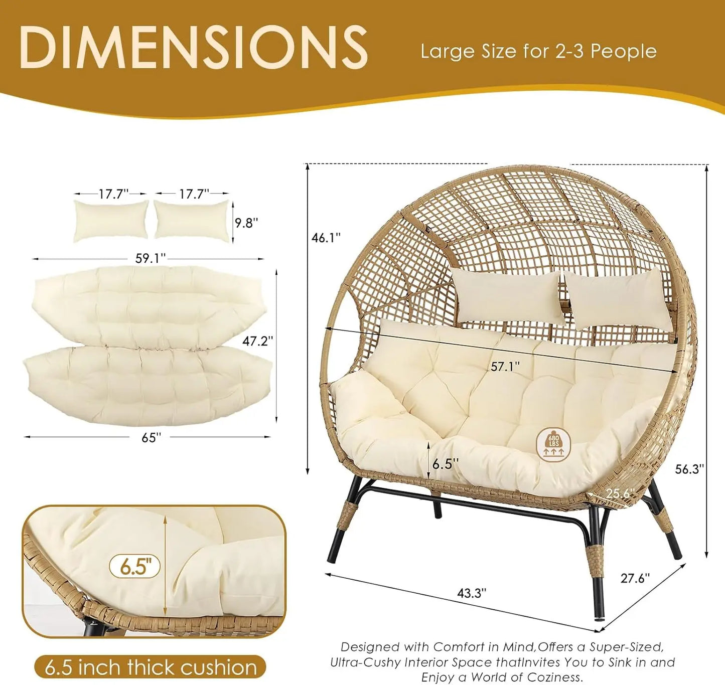 XMSJ Double Egg Chair Indoor Outdoor Weatherproof Cushioned Loveseat