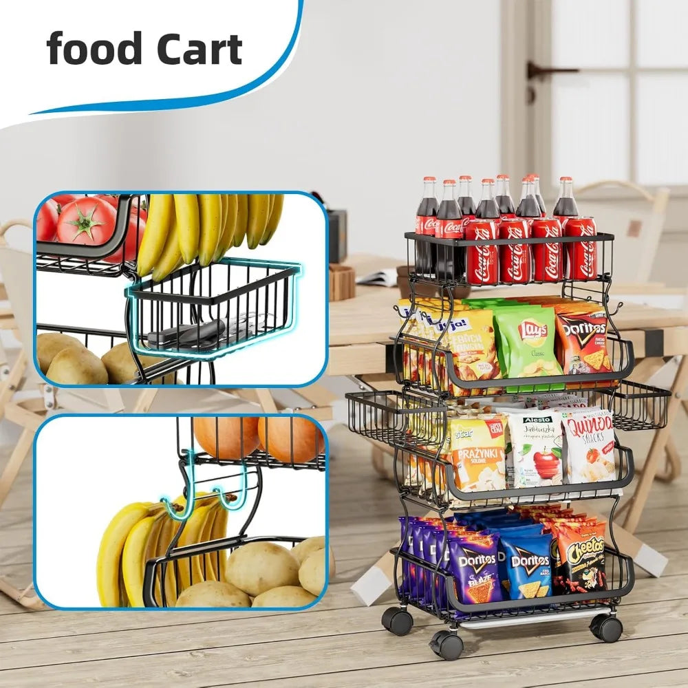 Stackable Metal Wire Rolling Cart With Hanging Baskets