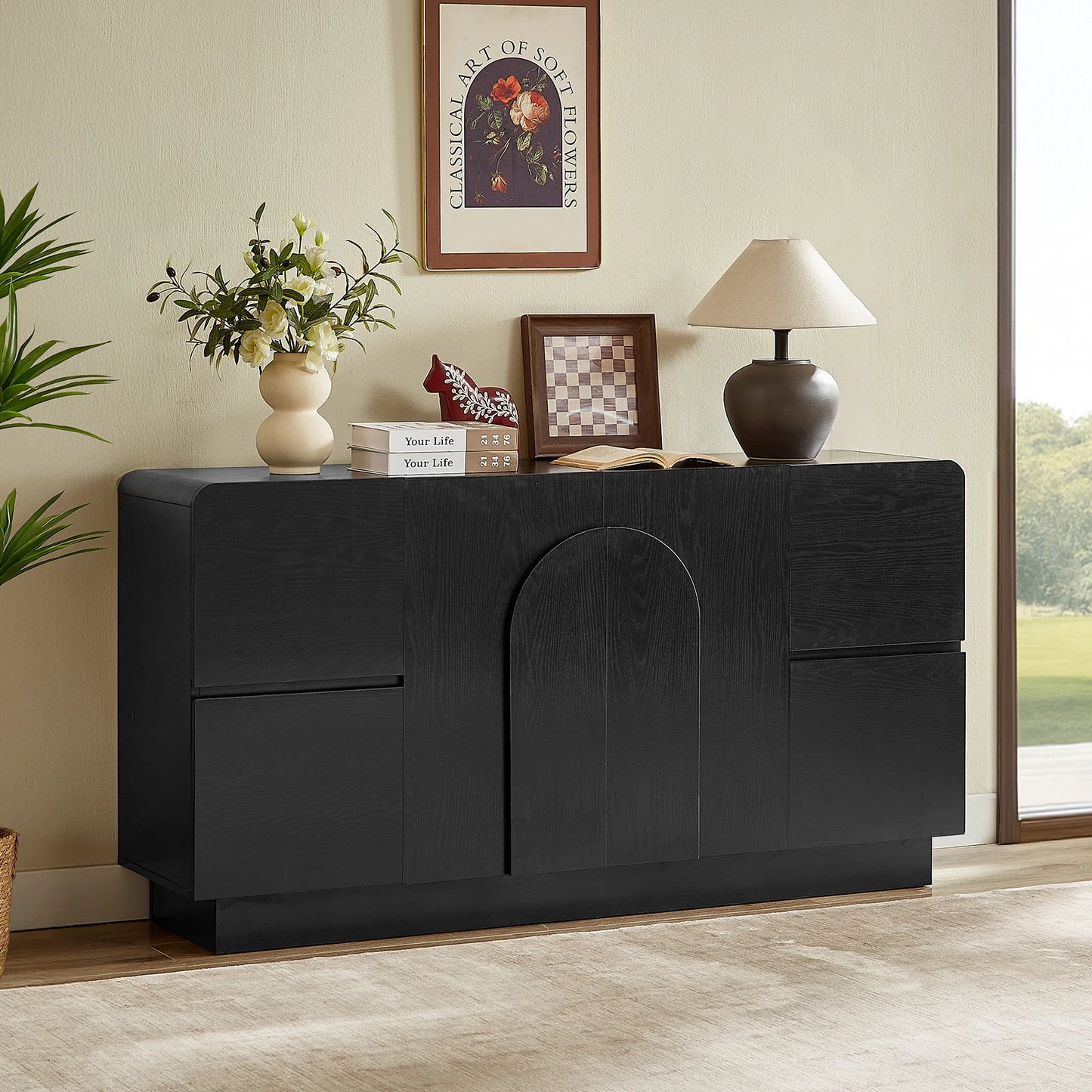 ONBRILL Modern Curved Sideboard With Arched Doors And Adjustable Shelves