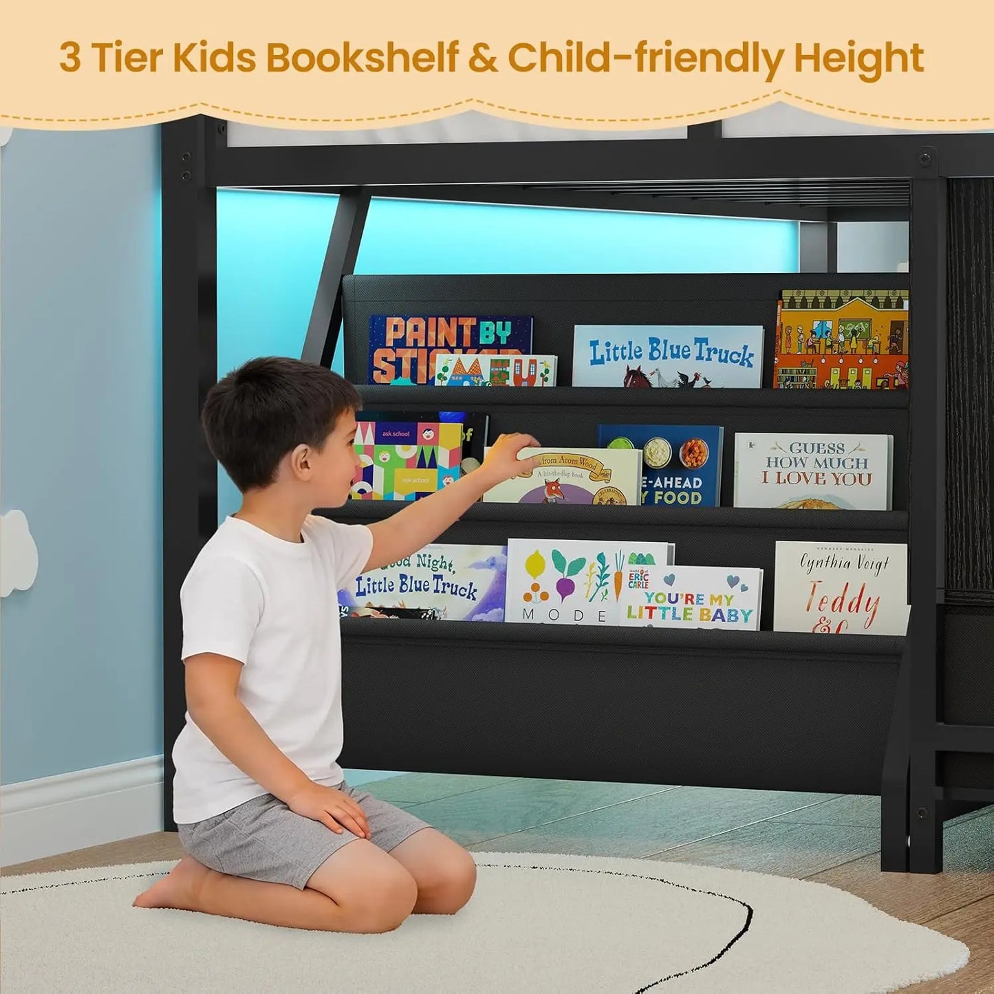 Low Loft Metal Bed 3 Drawers Bookshelf LED Guardrail