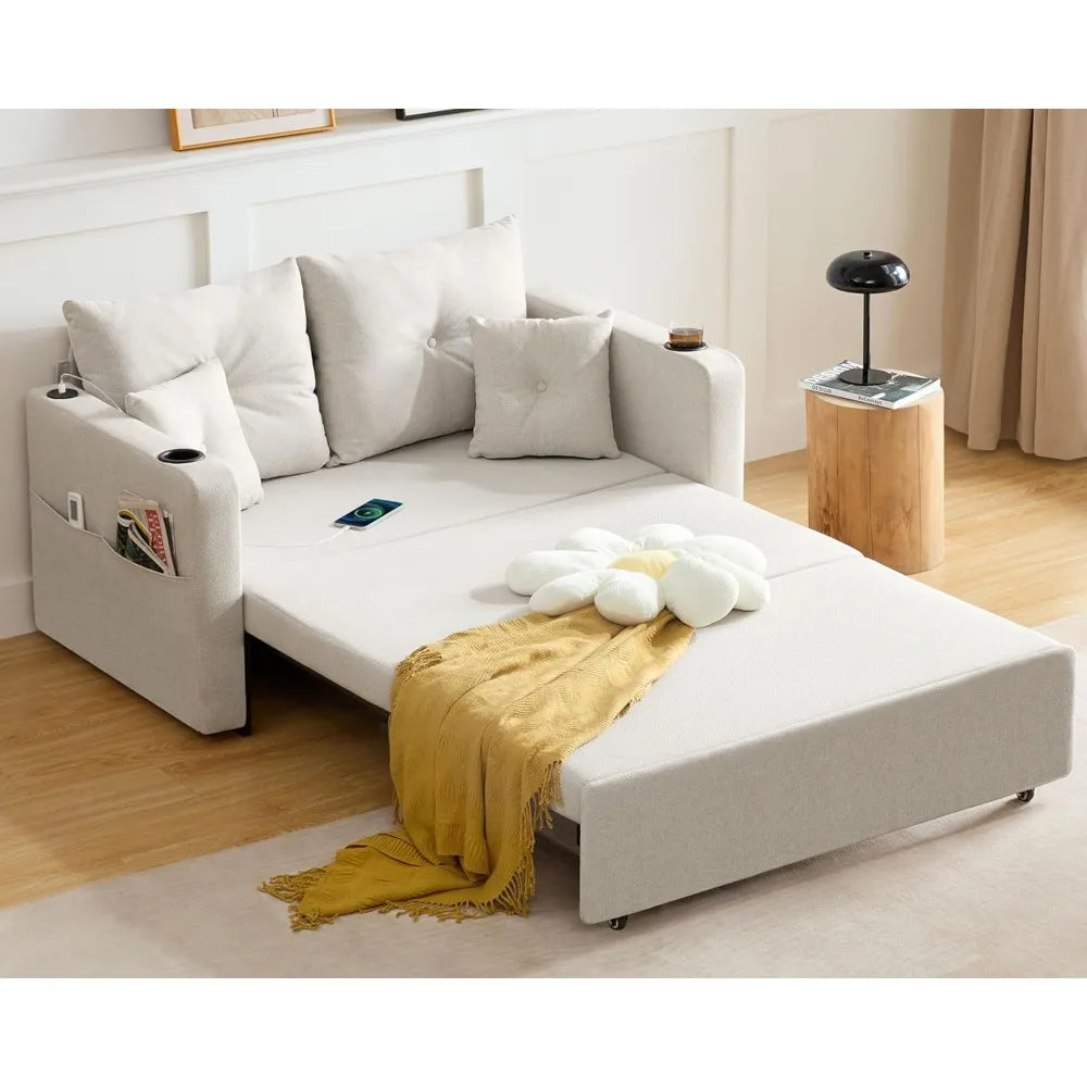 3 in 1 Convertible Sofa Bed with Storage Pocket and USB Comfy Loveseat