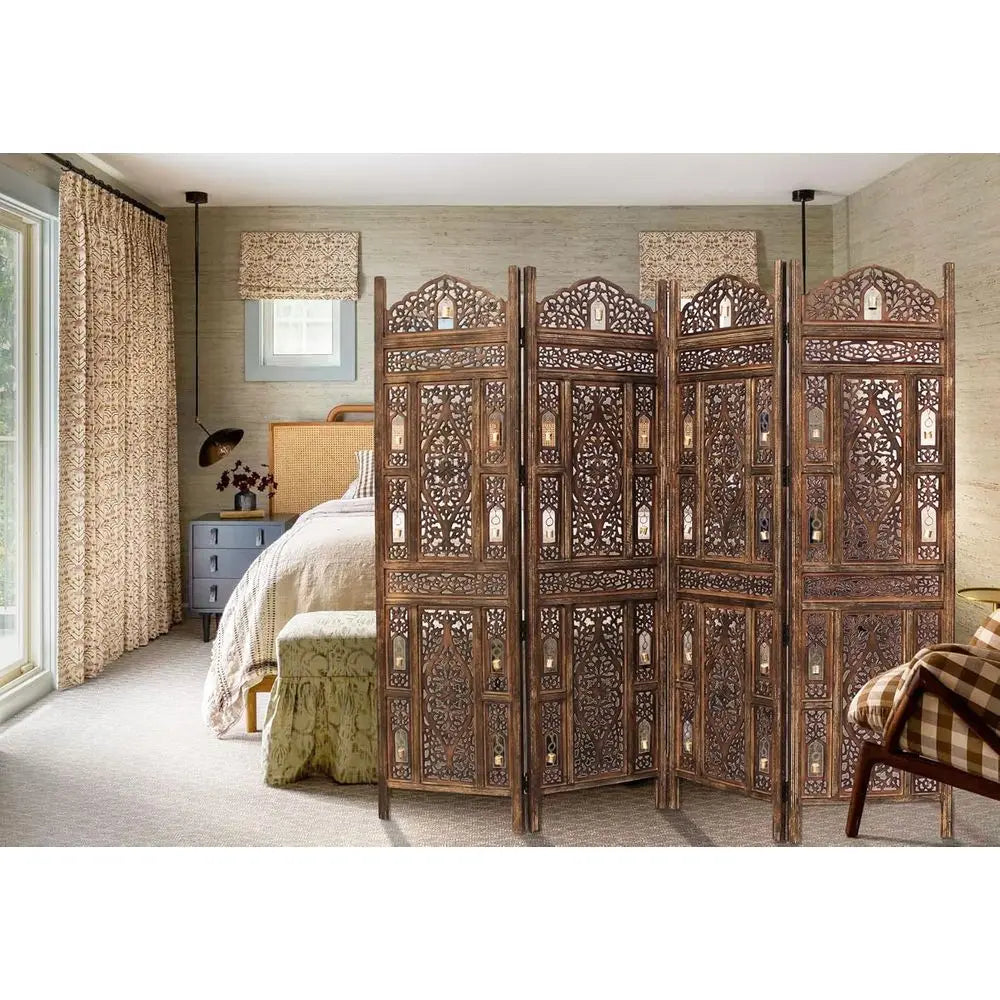 LuxeMerge Room Divider Wood Screen Ghanti Bells Four Panel