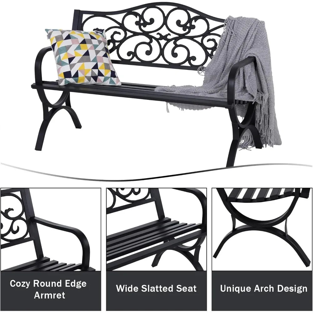 Outdoor Cast Iron Bench With Floral Backrest Arch Legs