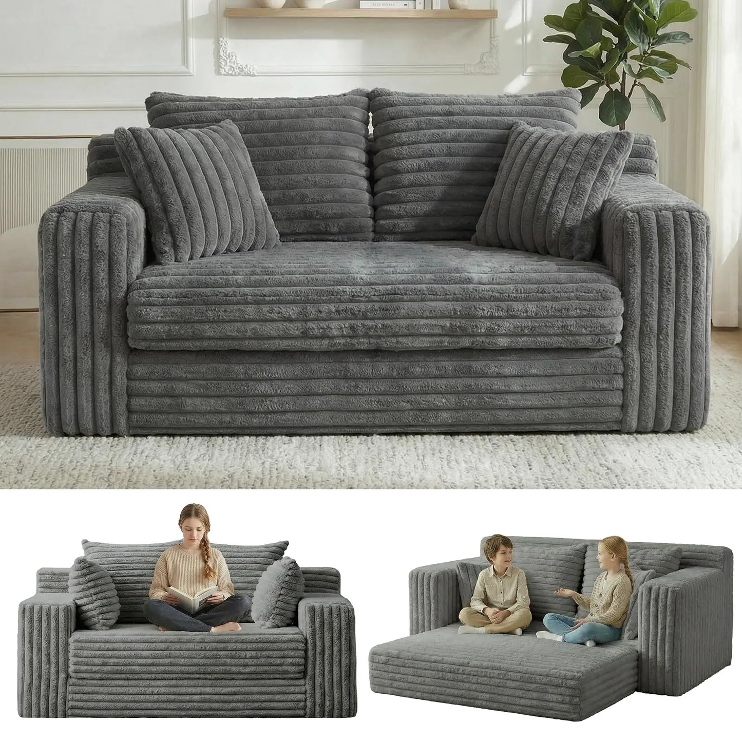 Furry 3-In-1 Convertible Sofa Bed With Detachable Cushions And 4 Pillows