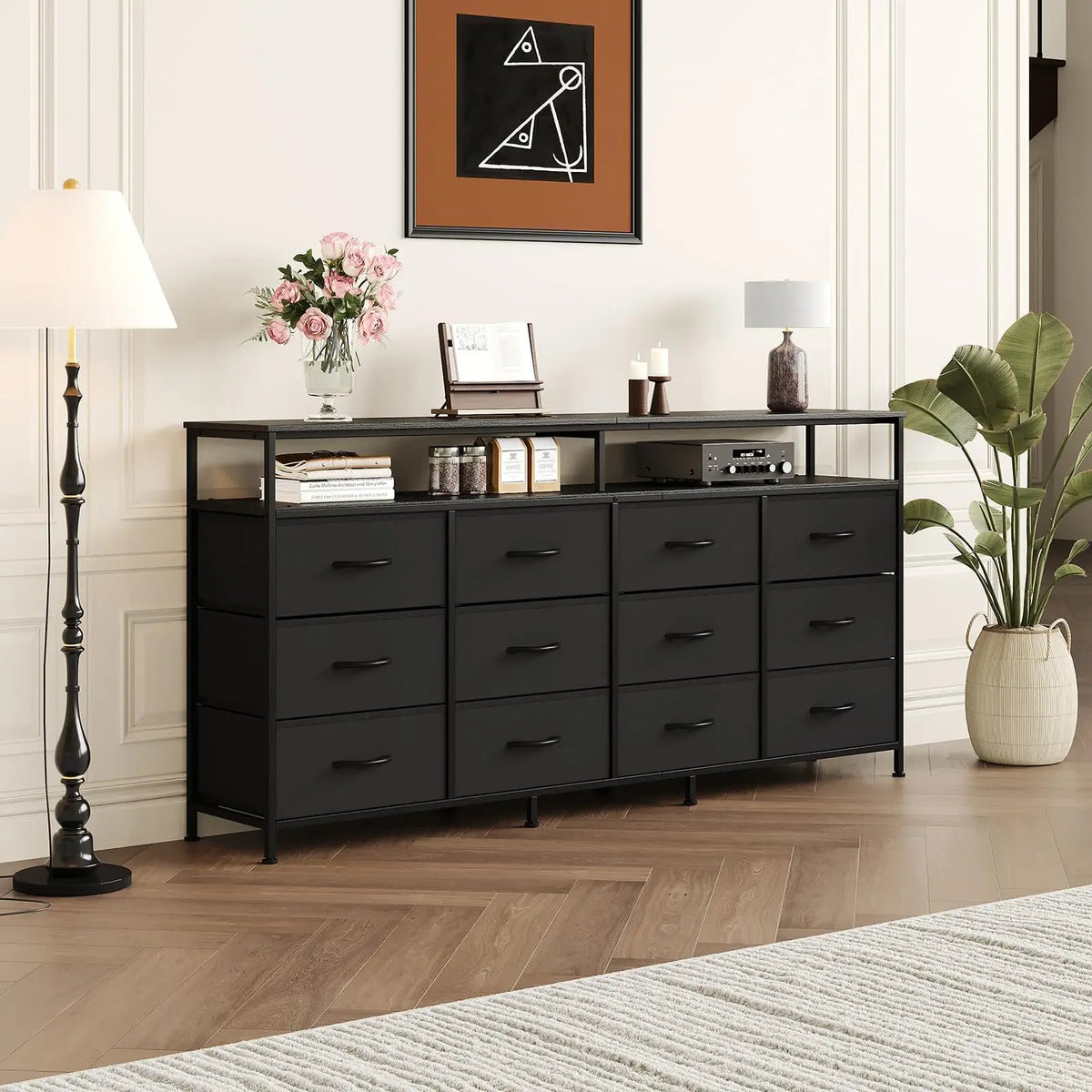 HiMISS Multidrawer Storage Console With Open Compartments Steel Frame