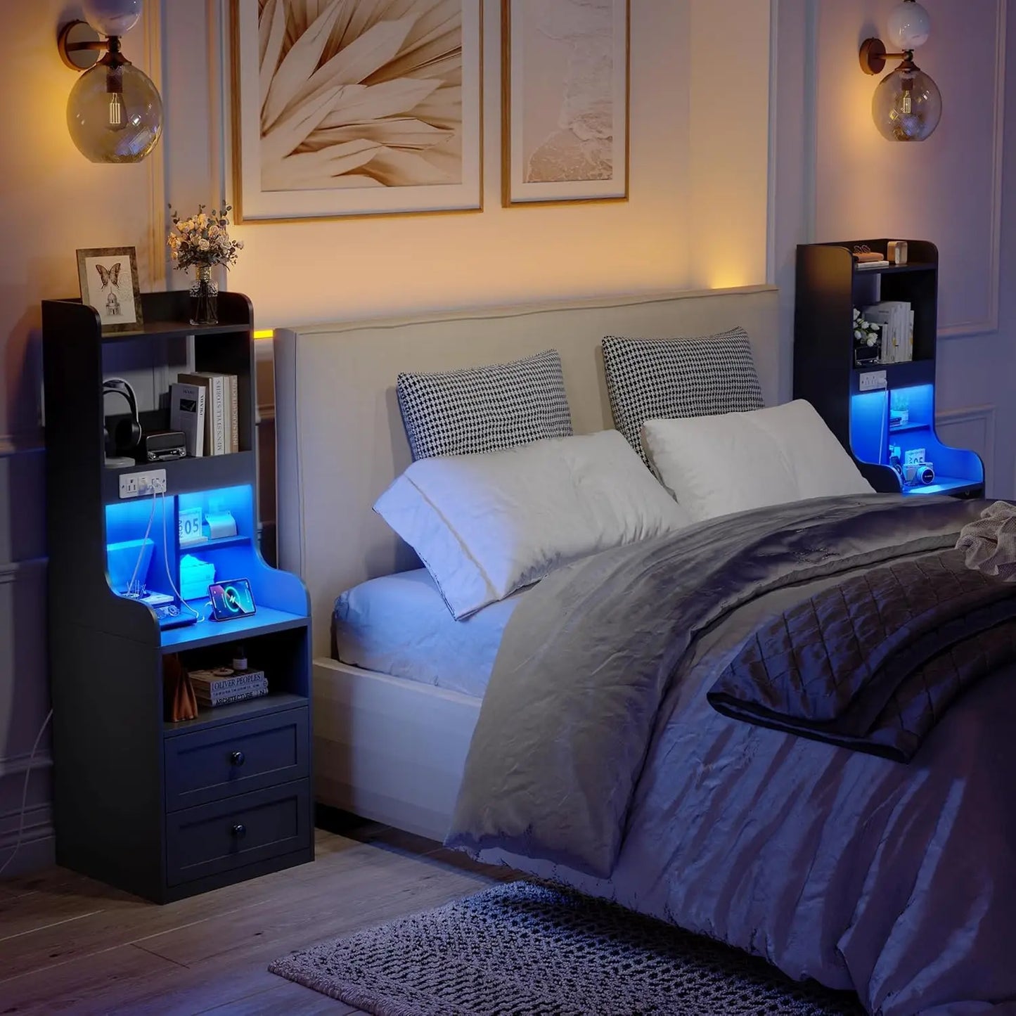 Tall Black Nightstand with LED Lights and Charging Station Two Drawer Design
