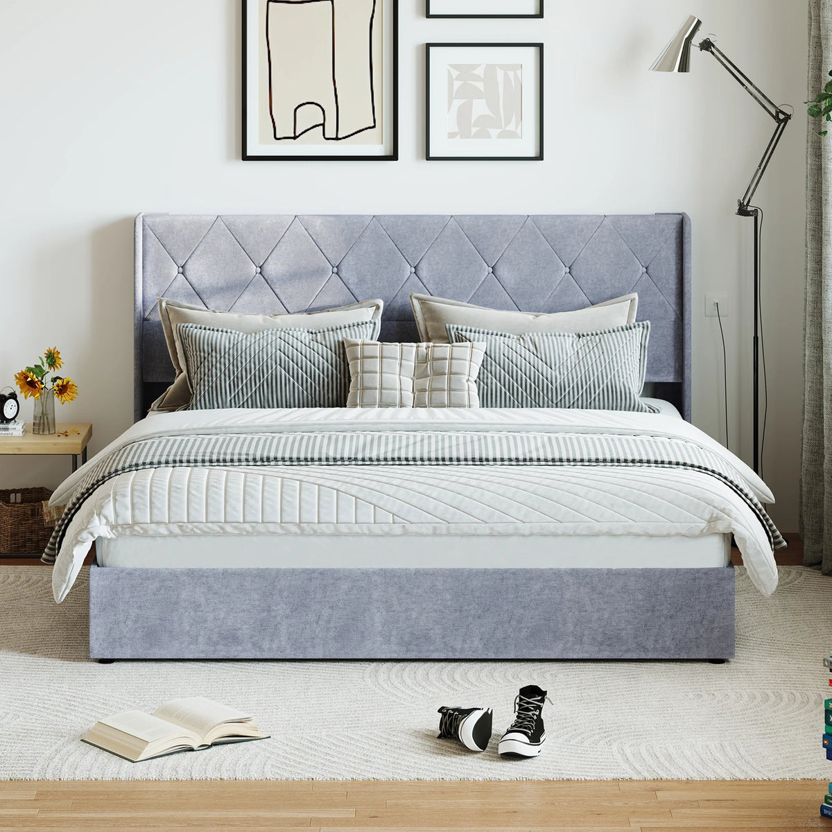 JHK Upholstered Lift Up Storage Bed Frame With Wingback Headboard