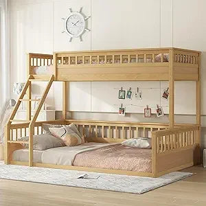 Low Bunk Beds Twin XL Over Queen with Ladder and Guardrail for Kids