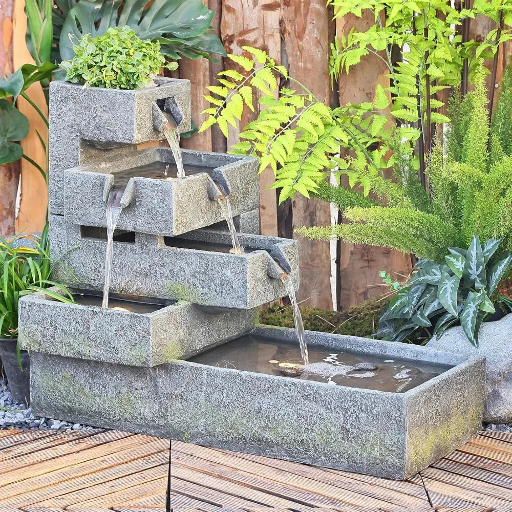 Tiered Outdoor Water Fountain Cascade With LED Lighting