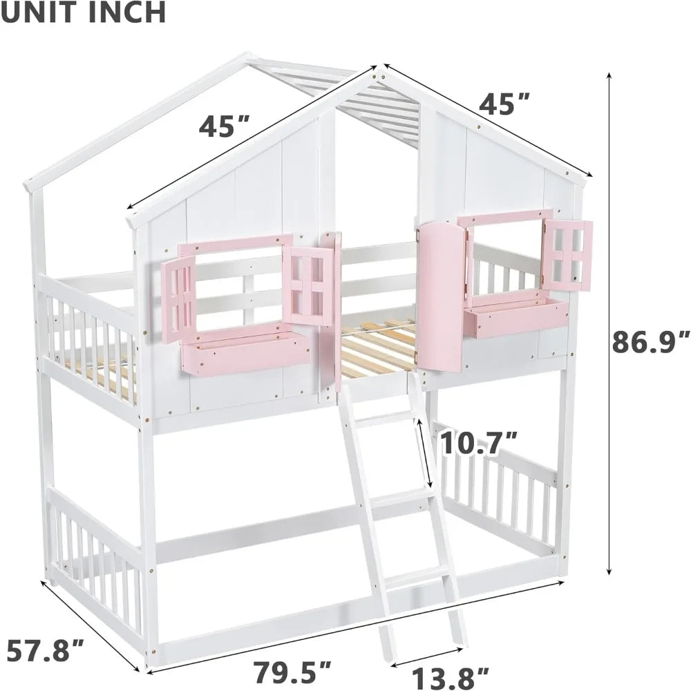 Pine Floor House Bunk Bed With Roof Window Storage