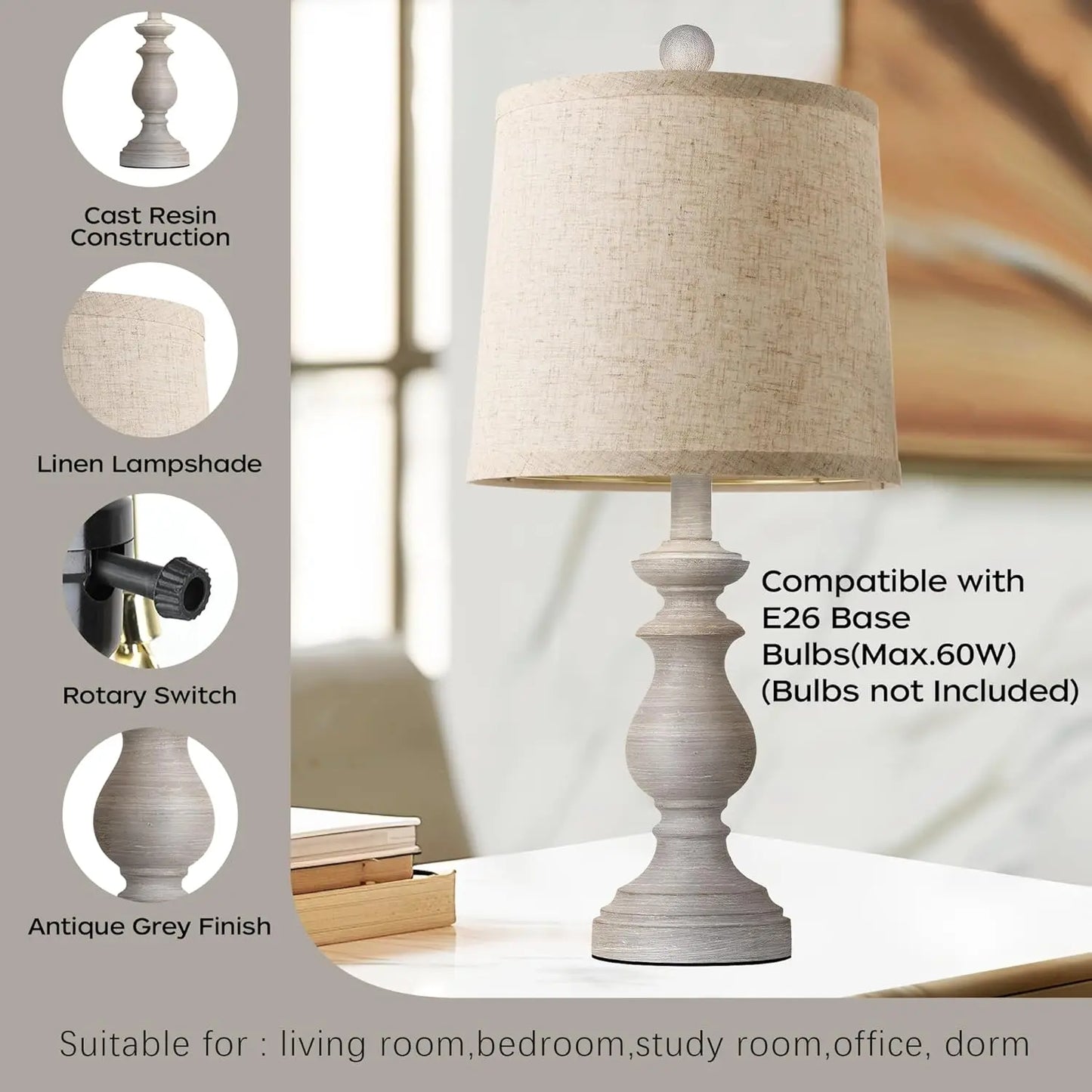 Rustic Farmhouse Table Lamps Set of 2 Linen Shades