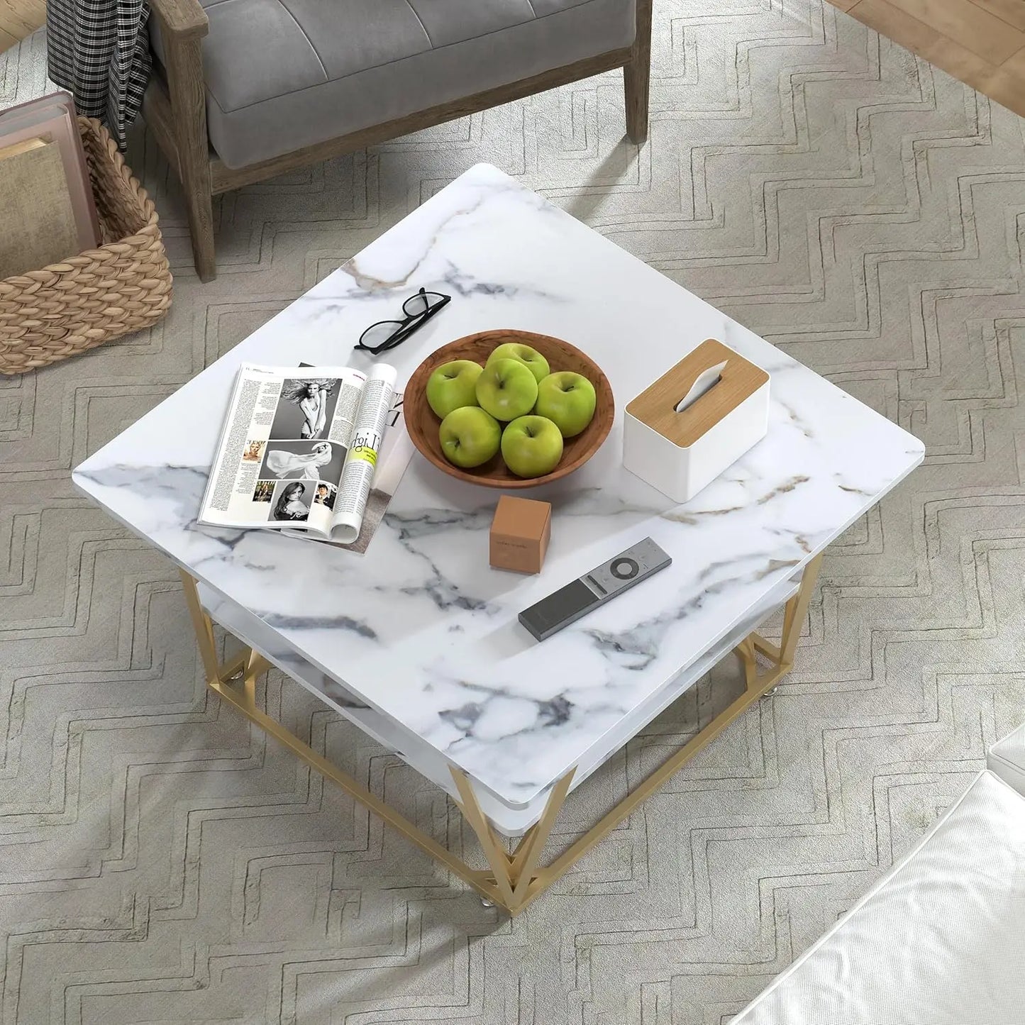 MERRONIX Square Coffee Table Modern Two-Tier Frame