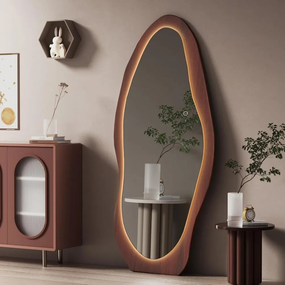 HUANHUI LED Wood Mirror With Lights Wall Mounted Indoor