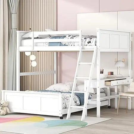 MKDK Solid Wood Bunk Bed With Desk And Storage System