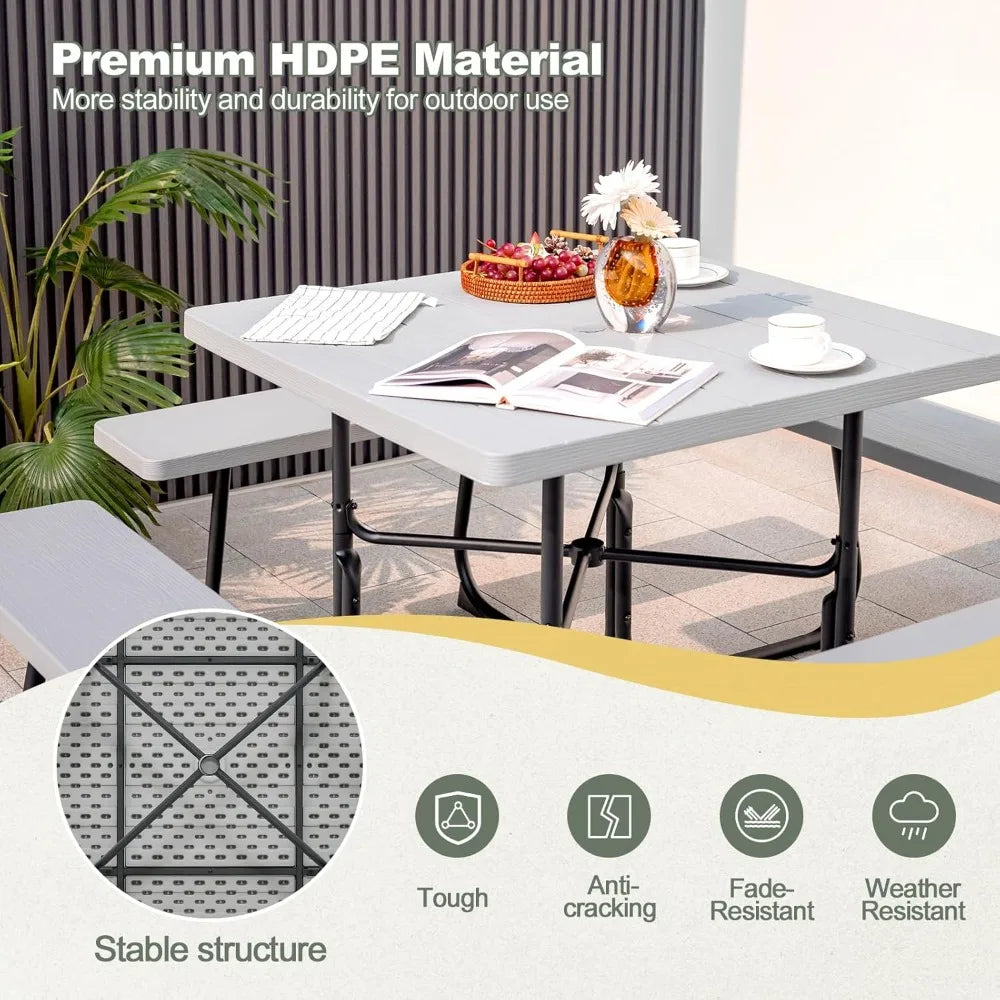 Outdoor Square Picnic Table With BuiltIn Benches Umbrella Hole