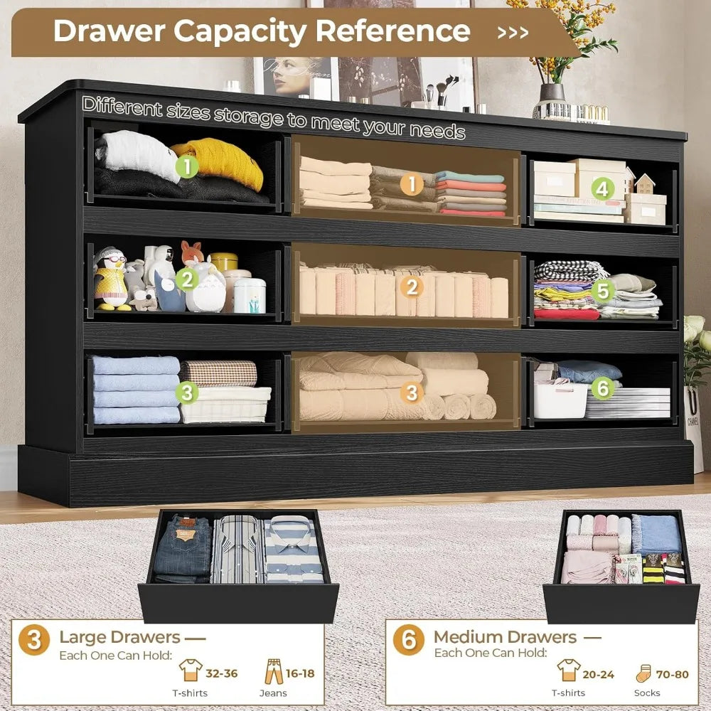 Modern Black Dresser with 9 Drawers Large Capacity for Stylish Bedroom Storage