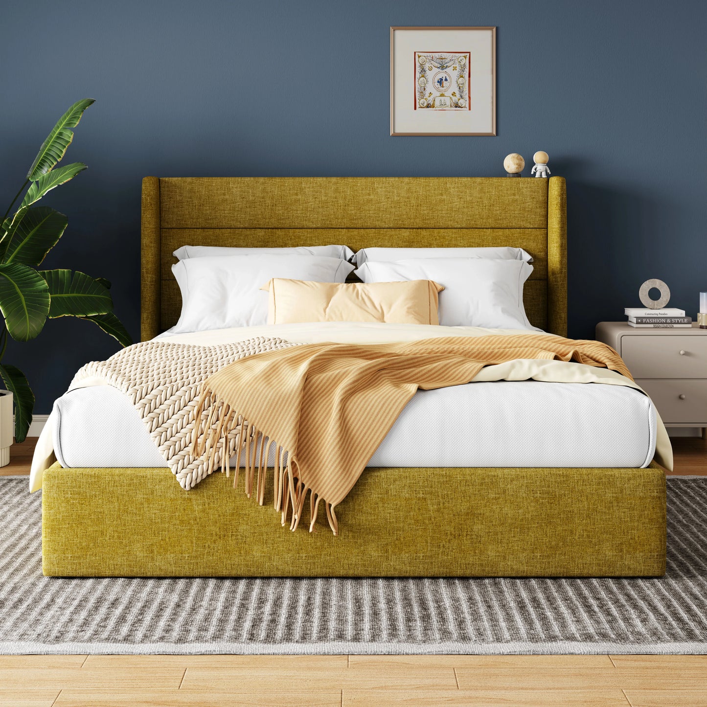 Allewie Hydraulic Lift Up Storage Bed With Wingback Headboard