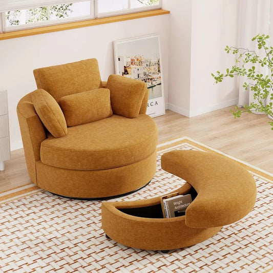 MKDK Oversized Chenille Swivel Barrel Chair With Ottoman