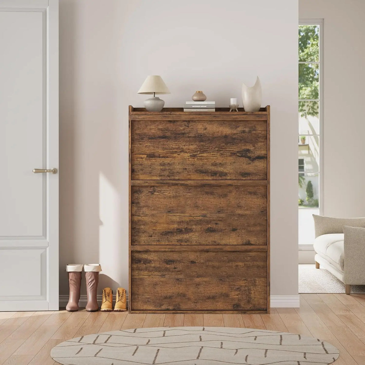 HiMISS Three Flip Drawer Shoe Cabinet With Adjustable Shelves