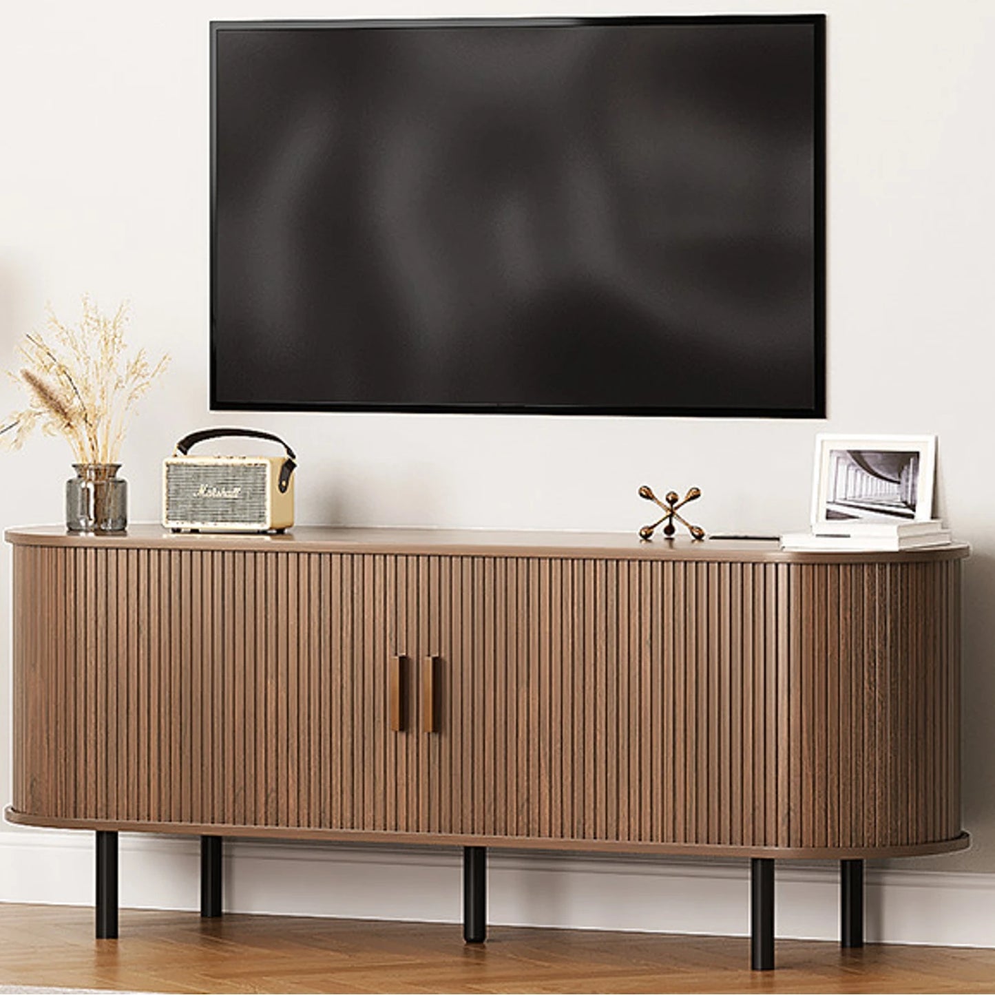 Onbrill TV Stand With Power Outlet And Sliding Doors