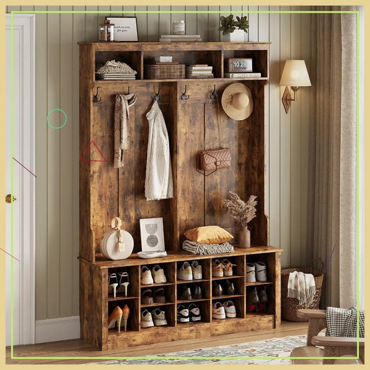 Farmhouse Hall Tree With Bench Shoe Storage Coat Rack