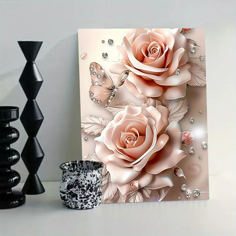 Dream Pink Rose Butterfly Diamond Canvas Wall Art for Home and Office Decor