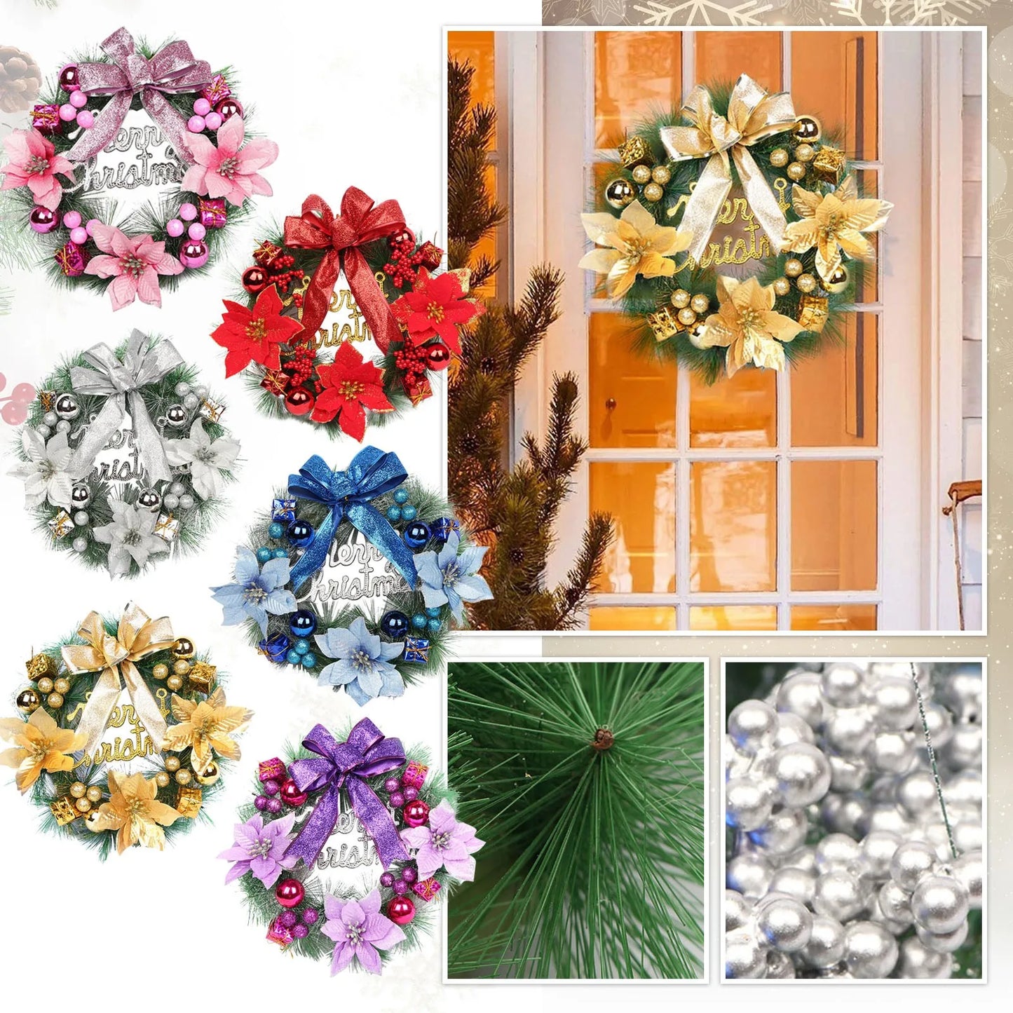 Christmas Wreath Decoration Door Hanging Handmade Sequin Ribbon Bow