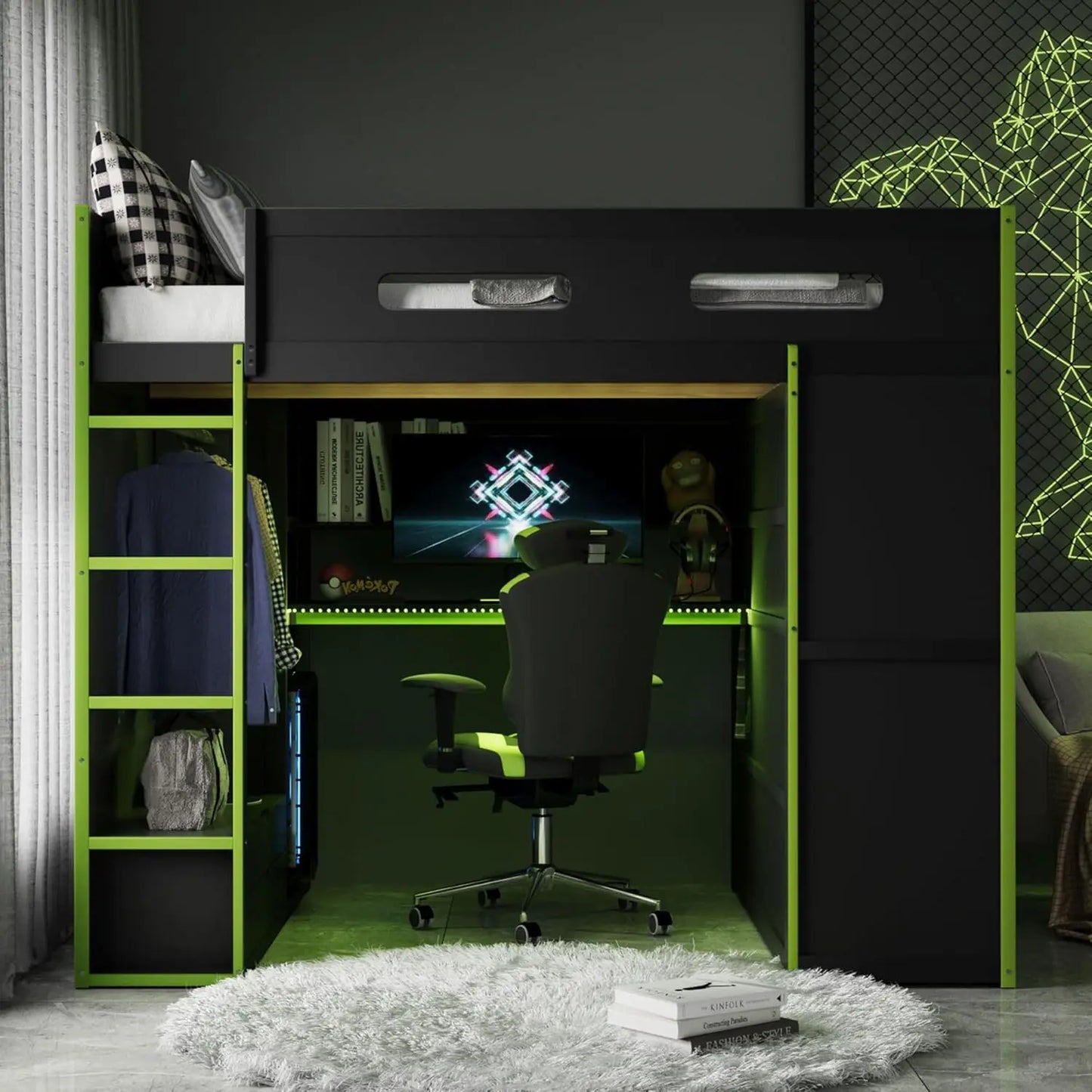 Wood Gaming Loft Bed With Desk Storage LED ChargingStation