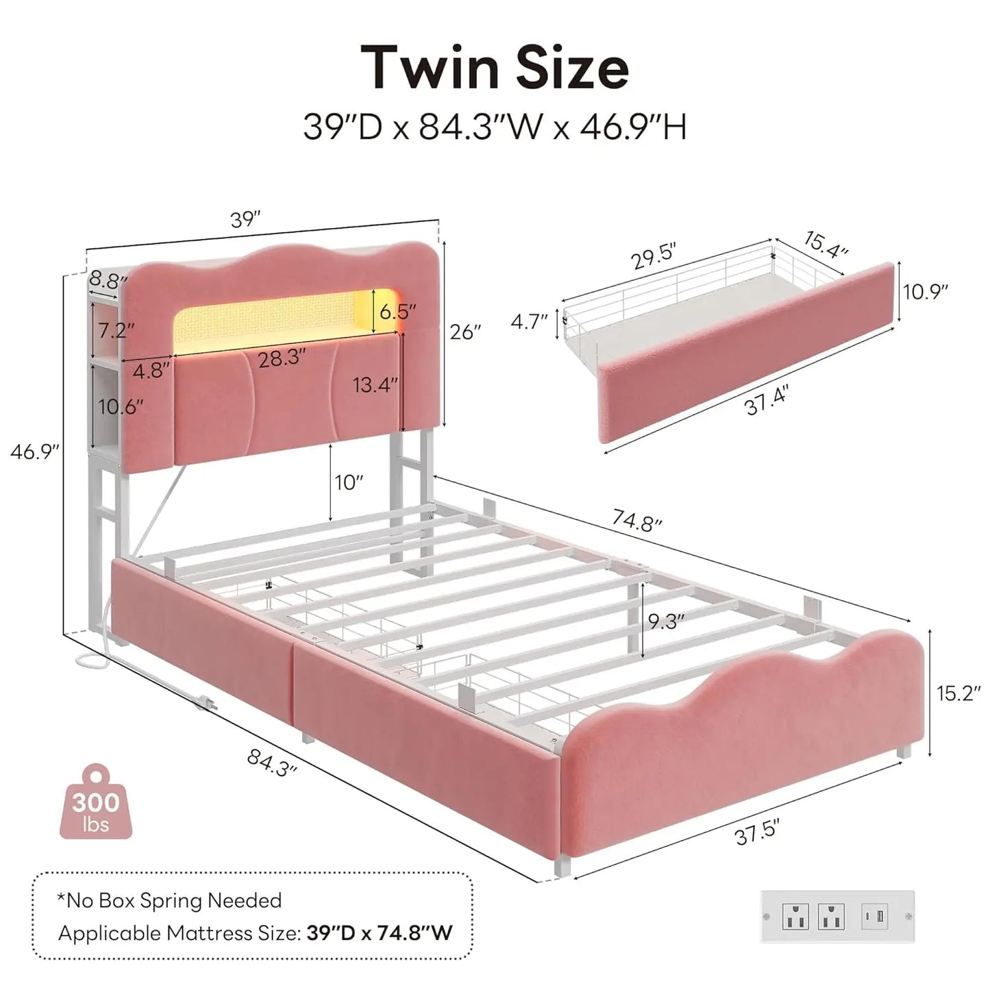 Velvet Platform Bed Frame With Drawers And Charging Station