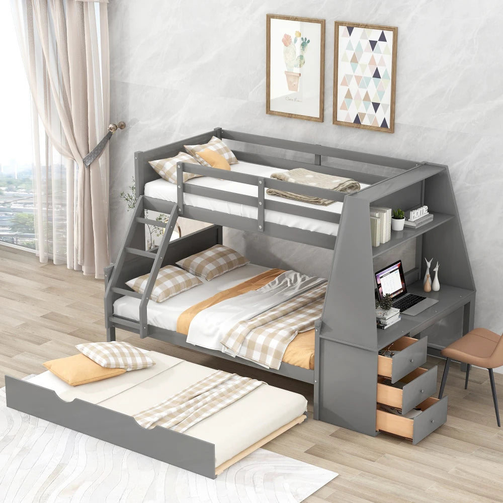 Modern Pine Wood Bunk Bed With Trundle And Built In Desk